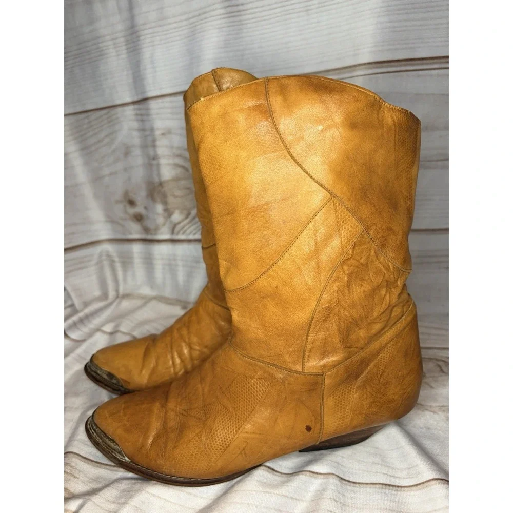 Vintage 60s Endicott Johnson Leather Patchwork Booties Western Brown‎ Womans 9 B